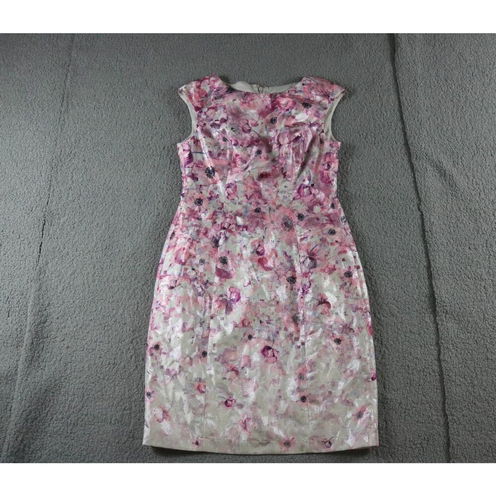 Kay Unger New York Dress 4 Floral Printed Mettalic Sheath Cotton Blend Zip Up